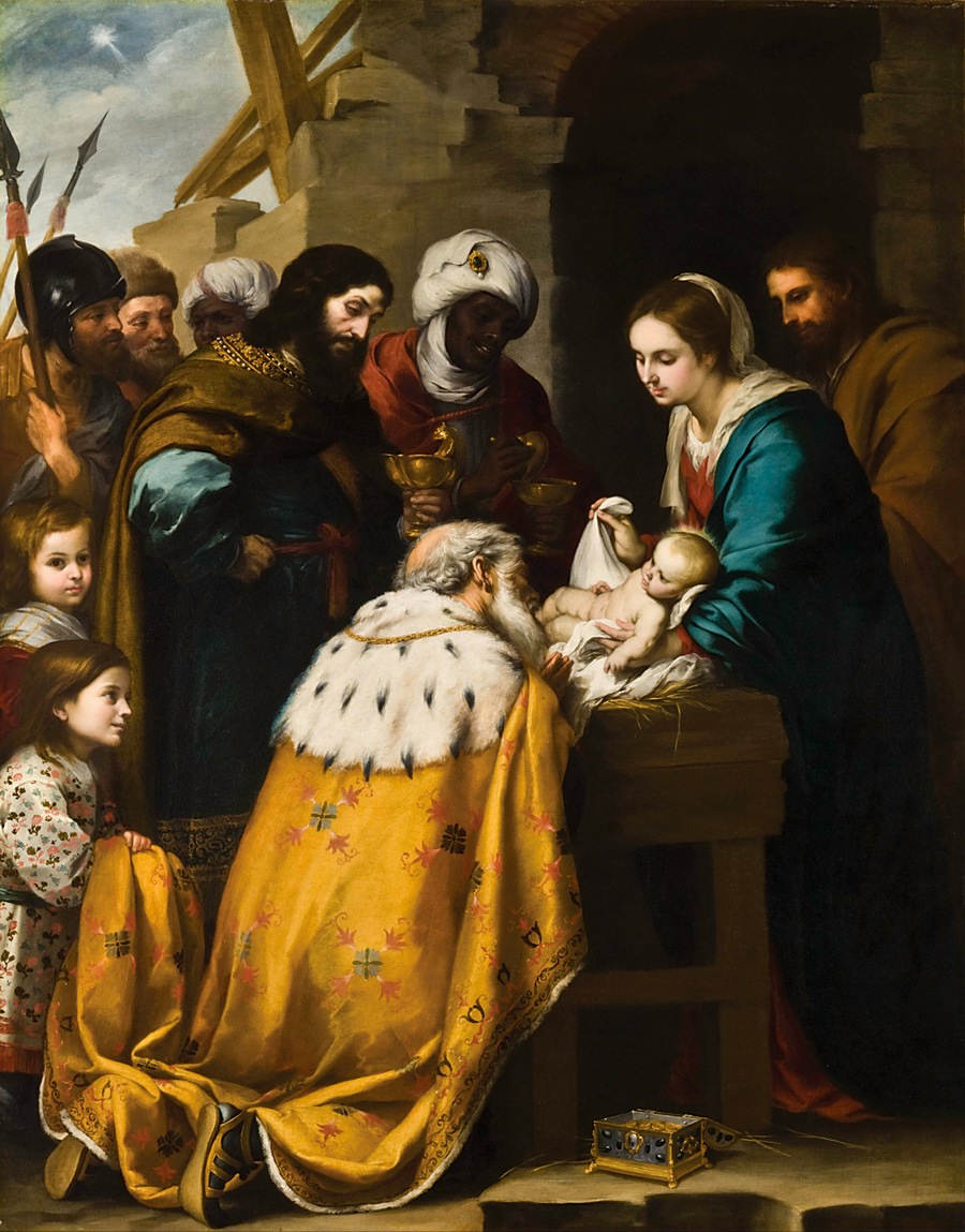 Pokłon Trzech Mędrców przed nowo narodzonym Jezusem (Adoración de los Reyes Magos, pędzla Bartoloméa Murillo; Muzeum w Toledo).