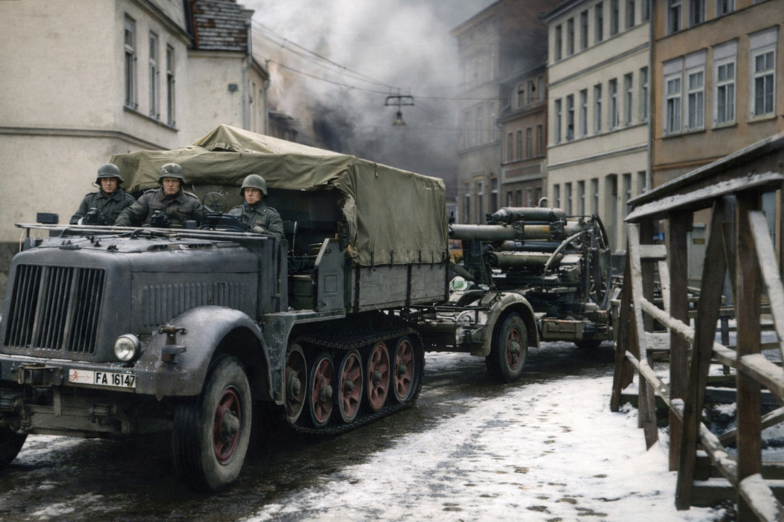 Gollnow Sd.kfz 7 i 8.8cm Foto: Przedstawia niemiecki pojazd wojskowy Sd.kfz 7 i 8.8cm armatę przeciw lotniczą prawdopodobnie z dnia 2 lub 3 marca 1945. Na dzisiejszej ul. Mostowej czyli moście nad Iną między ul. Barnima a Szczecińską
