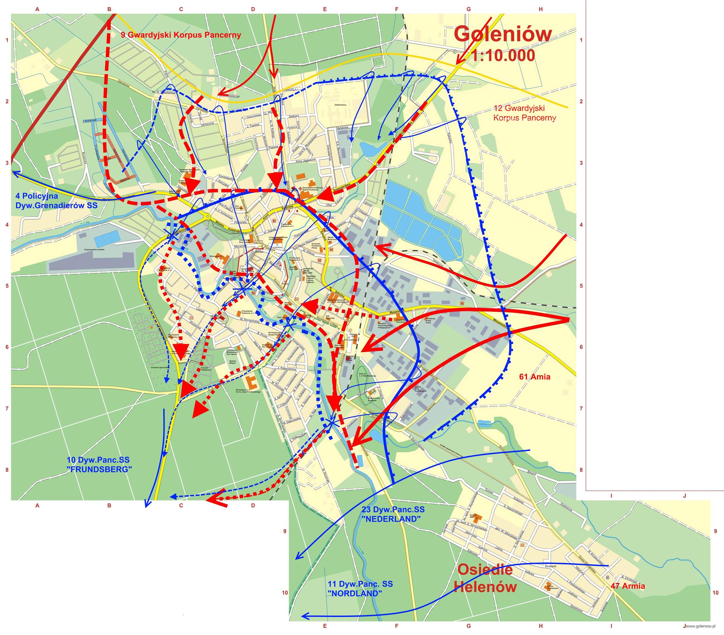 Mapa kierunku ataków na Gollnow marzec 1945 Mapa kierunku ataków na Gollnow marzec 1945