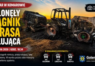 Pożar ciągnika i prasy rolującej w Komarowie Pożar ciągnika i prasy rolującej w Komarowie